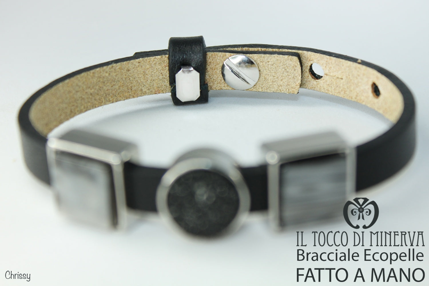 Bracciale unisex ecopelle nero con charms componibile Chrissy Realizzato a mano Handmade - Il Tocco di Minerva