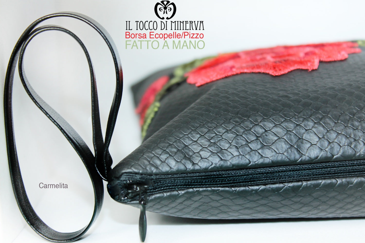 Borsa Pochette Ecopelle nero e pizzo Carmelita – Realizzata a mano - Il Tocco di Minerva