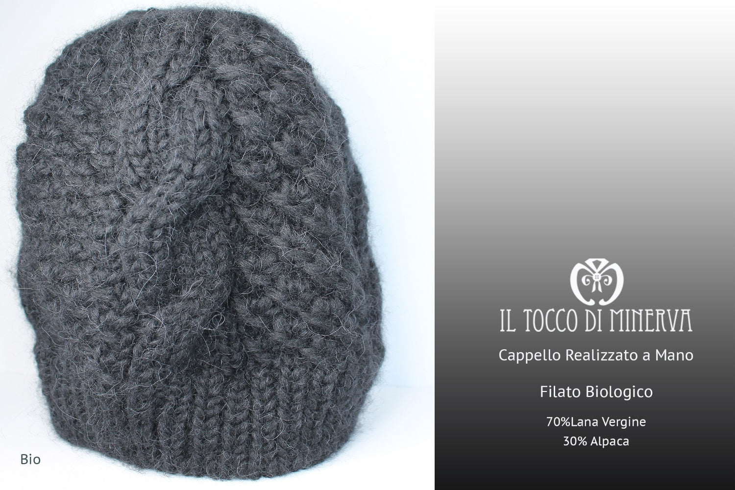 Cappello donna nero in lana biologica Bio - Realizzato a mano - Il Tocco di Minerva