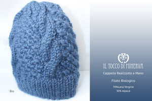 Cappello donna blu in lana biologica Bio - Realizzato a mano - Il Tocco di Minerva
