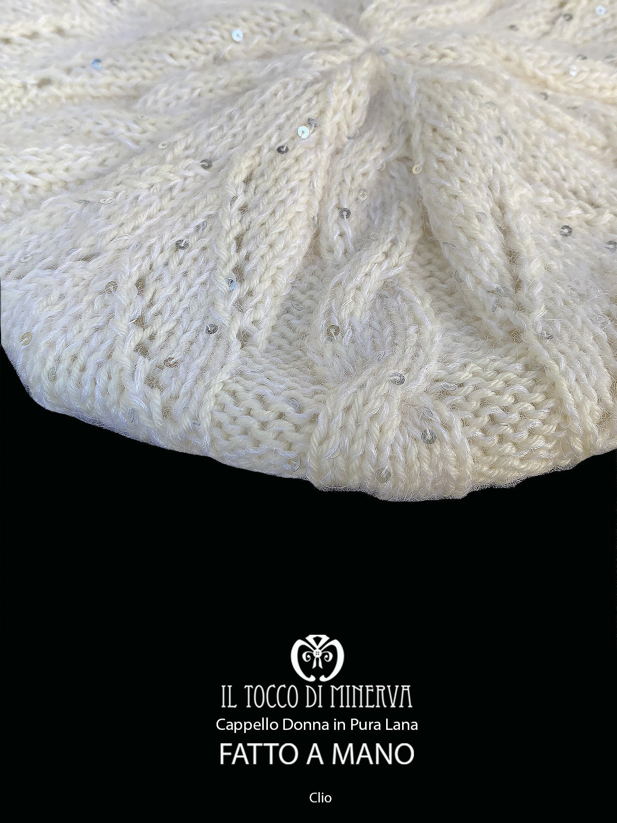 Cappello donna bianco in lana mohair paillettes Clio - Realizzato a mano - Il Tocco di Minerva
