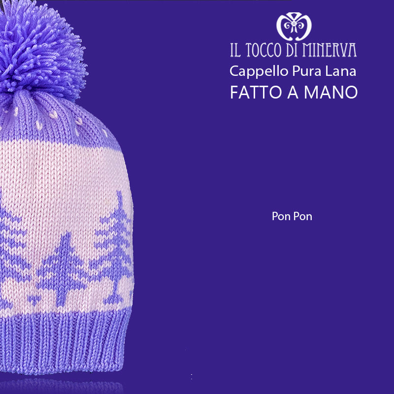 Cappello pura lana Pon Pon alberi glicine rosa - Fatto a Mano - Il Tocco di Minerva