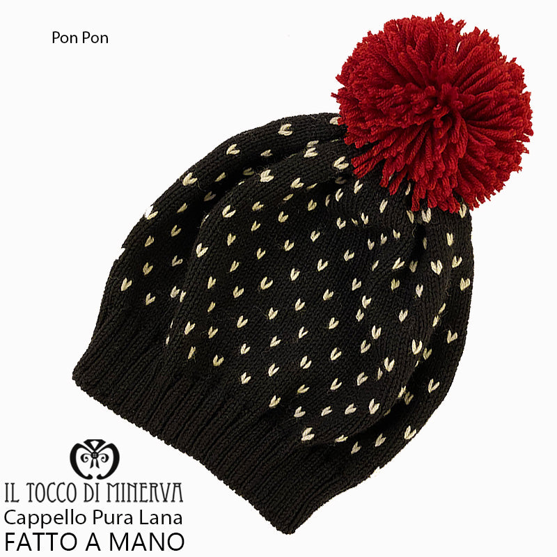 Cappello pura lana Pon Pon nero bordeaux - Fatto a Mano - Il Tocco di Minerva