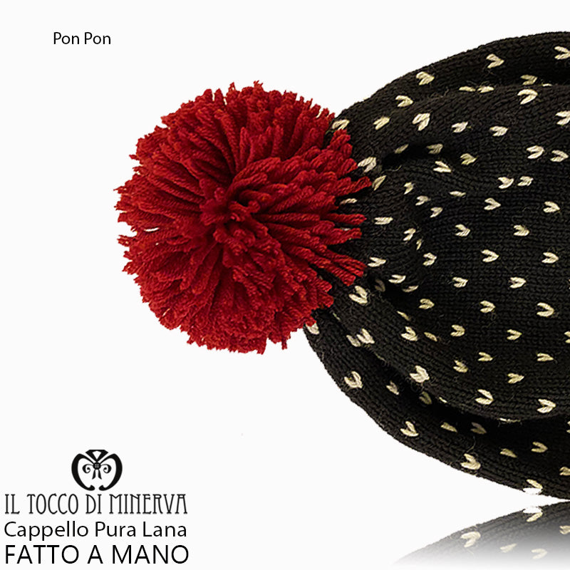 Cappello pura lana Pon Pon nero bordeaux - Fatto a Mano - Il Tocco di Minerva