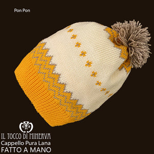 Cappello pura lana Pon Pon tortora arancione - Fatto a Mano - Il Tocco di Minerva