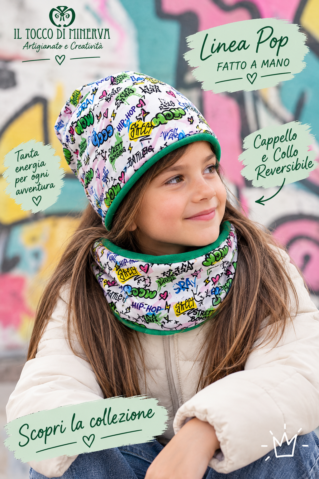 Cappello e collo reversibile felpato fantasia pop bianco - Fatto a Mano