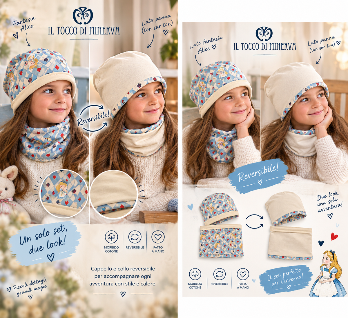 Cappello e collo reversibile felpato Alice - Fatto a Mano