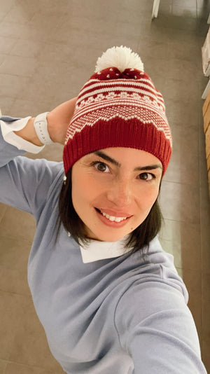 Cappello pura lana Pon Pon bianco bordeaux - Fatto a Mano - Il Tocco di Minerva