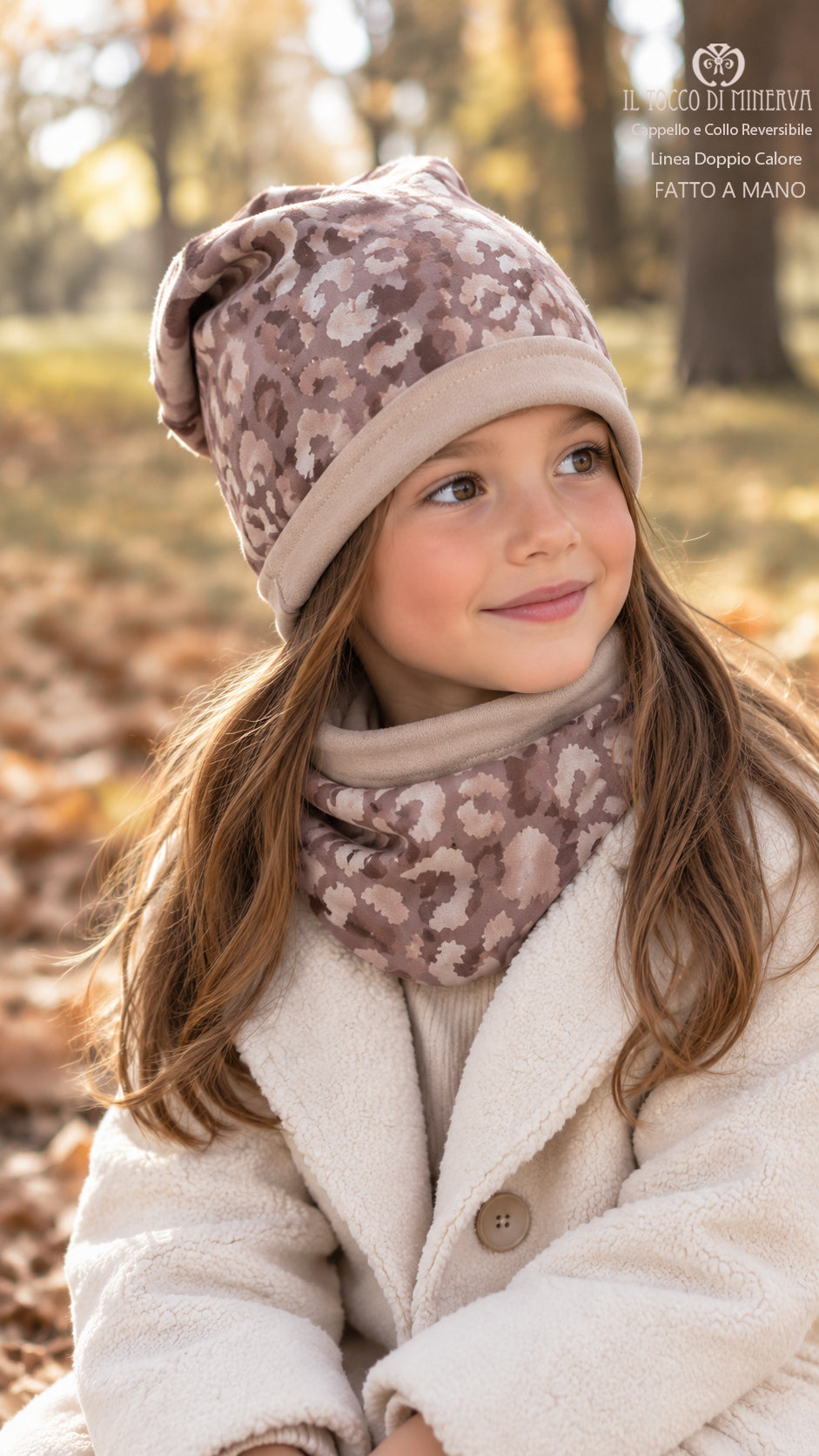 Cappello e collo reversibile felpato fantasia Animalier rosa - Fatto a Mano