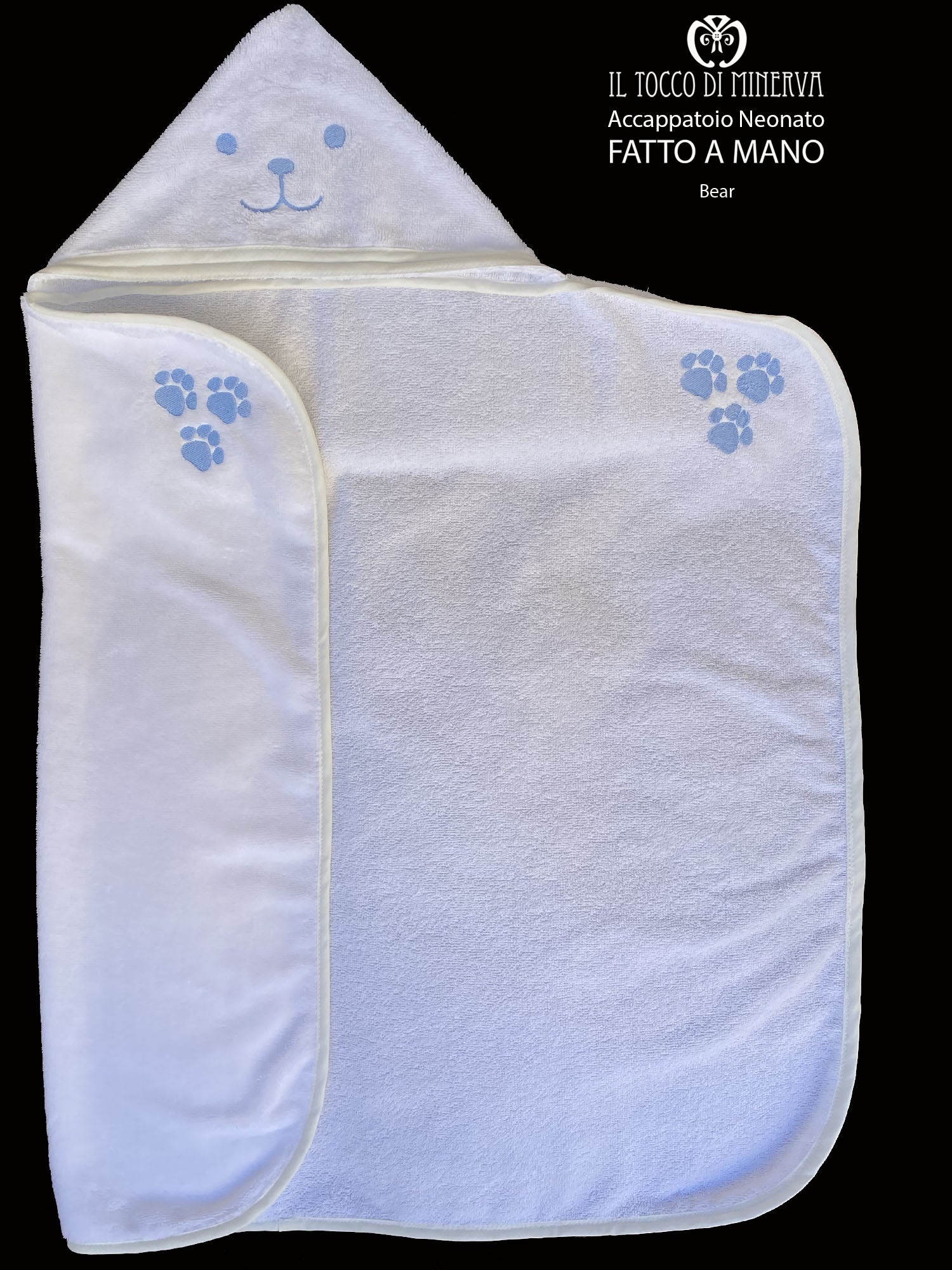 Accappatoio Bamboo bianco ricamo orsetto celeste - Fatto a Mano - Il Tocco di Minerva