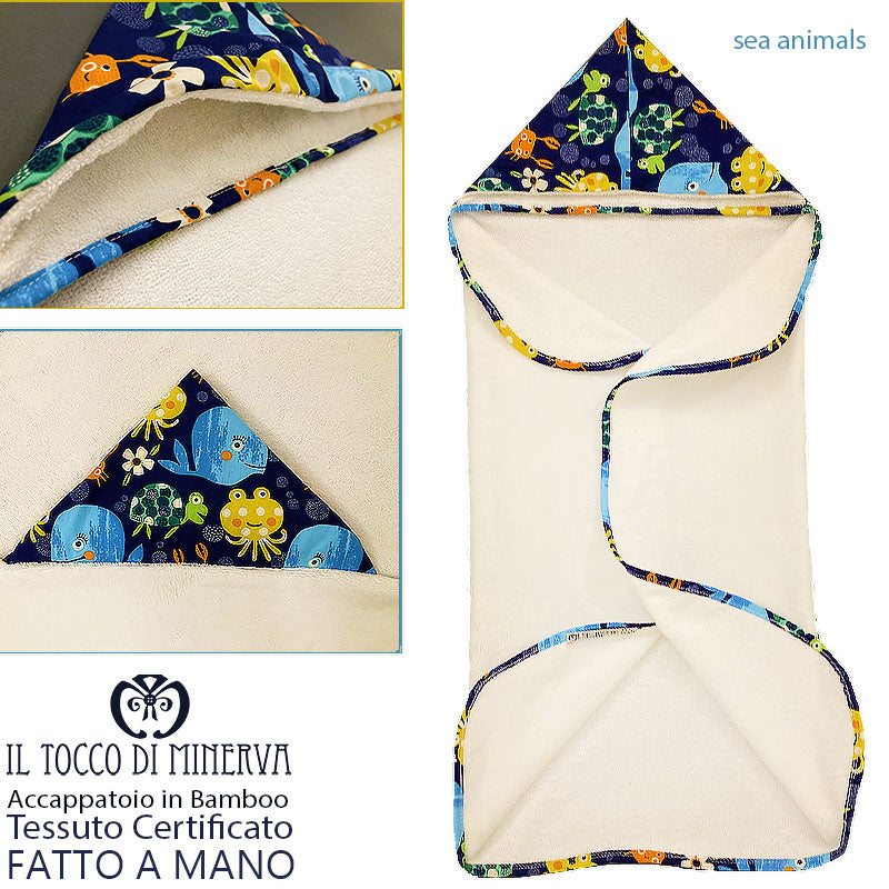 Accappatoio Bamboo bianco neonato animali marini - Fatto a Mano - Il Tocco di Minerva