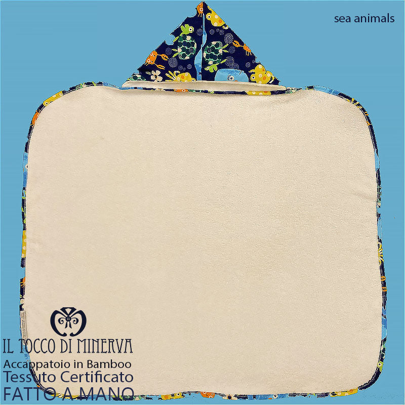 Accappatoio Bamboo bianco neonato animali marini - Fatto a Mano - Il Tocco di Minerva