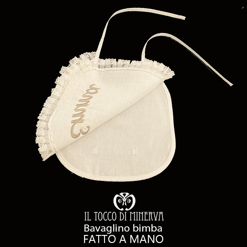 Bavaglino bianco neonata in lino e pizzo personalizzabile - Fatto a mano - Il Tocco di Minerva