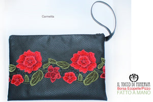 Borsa Pochette Ecopelle nero e pizzo Carmelita – Realizzata a mano - Il Tocco di Minerva