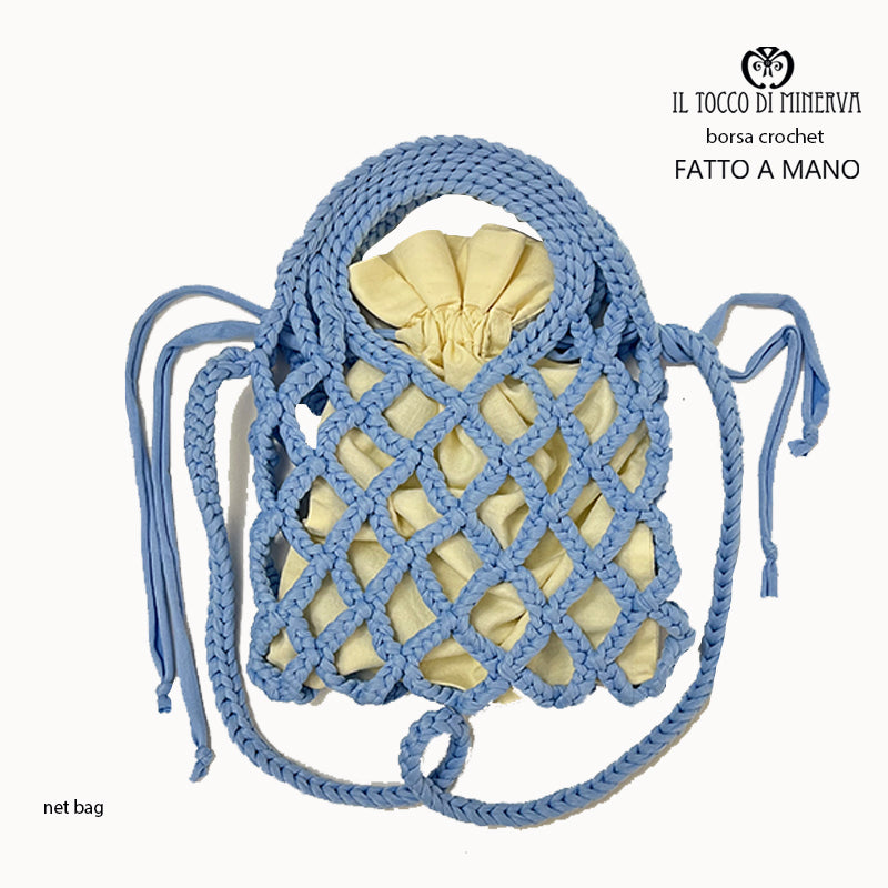 Borsa crochet fettuccia net bag celeste - fatto a mano