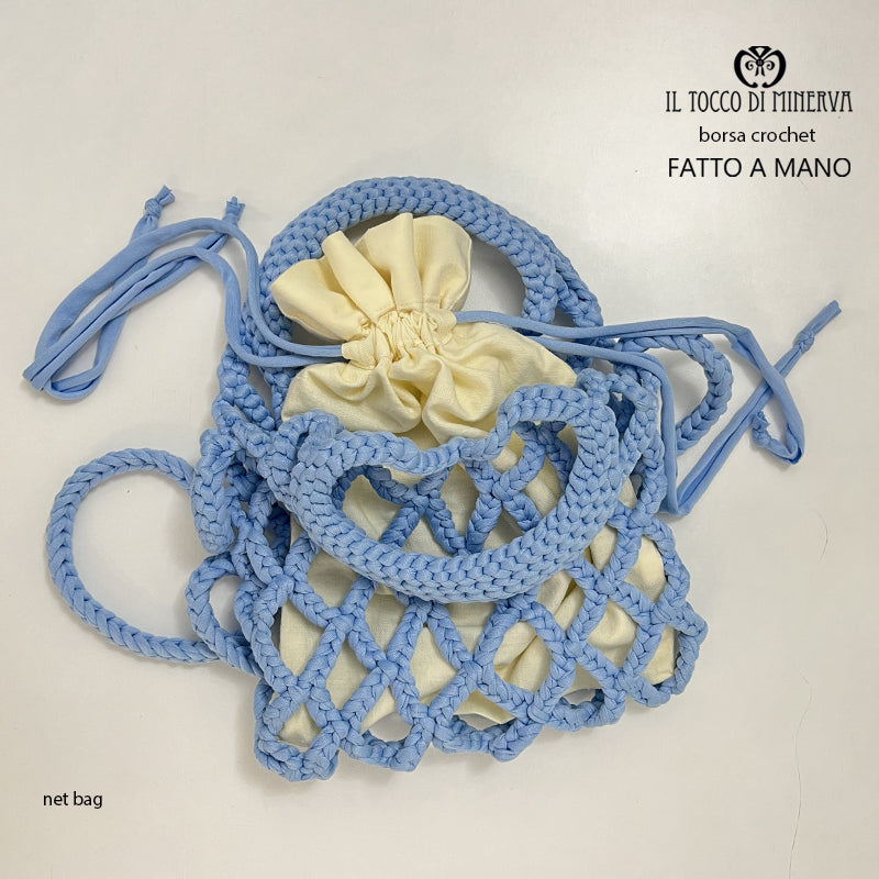 Borsa crochet fettuccia net bag celeste - fatto a mano