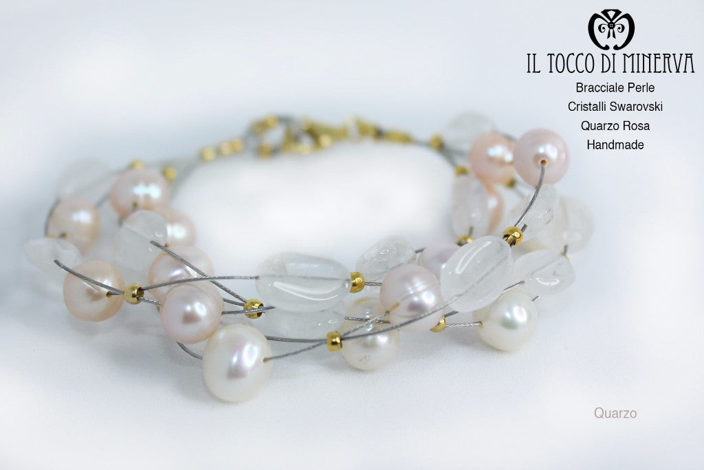 Bracciale perle Swarovski quarzo rosa fatto a mano - HandMade