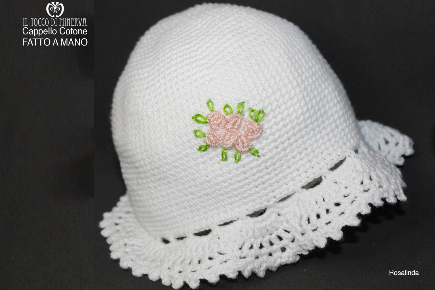 Cappello Bimba Cotone bianco Rosalinda Realizzato a Mano - Il Tocco di Minerva