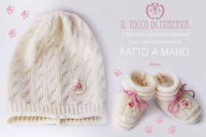 Cappello e Scarpette neonato bianco latte Milena Realizzato a mano - Il Tocco di Minerva