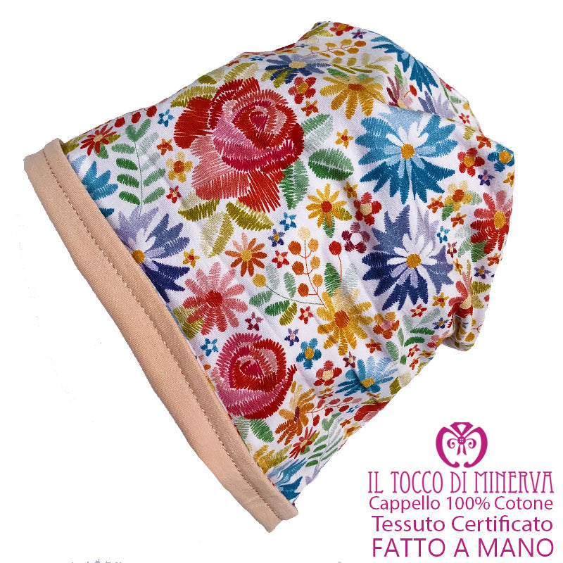 Cappello reversibile bambina100% cotone Fiori - Fatto a Mano - Il Tocco di Minerva
