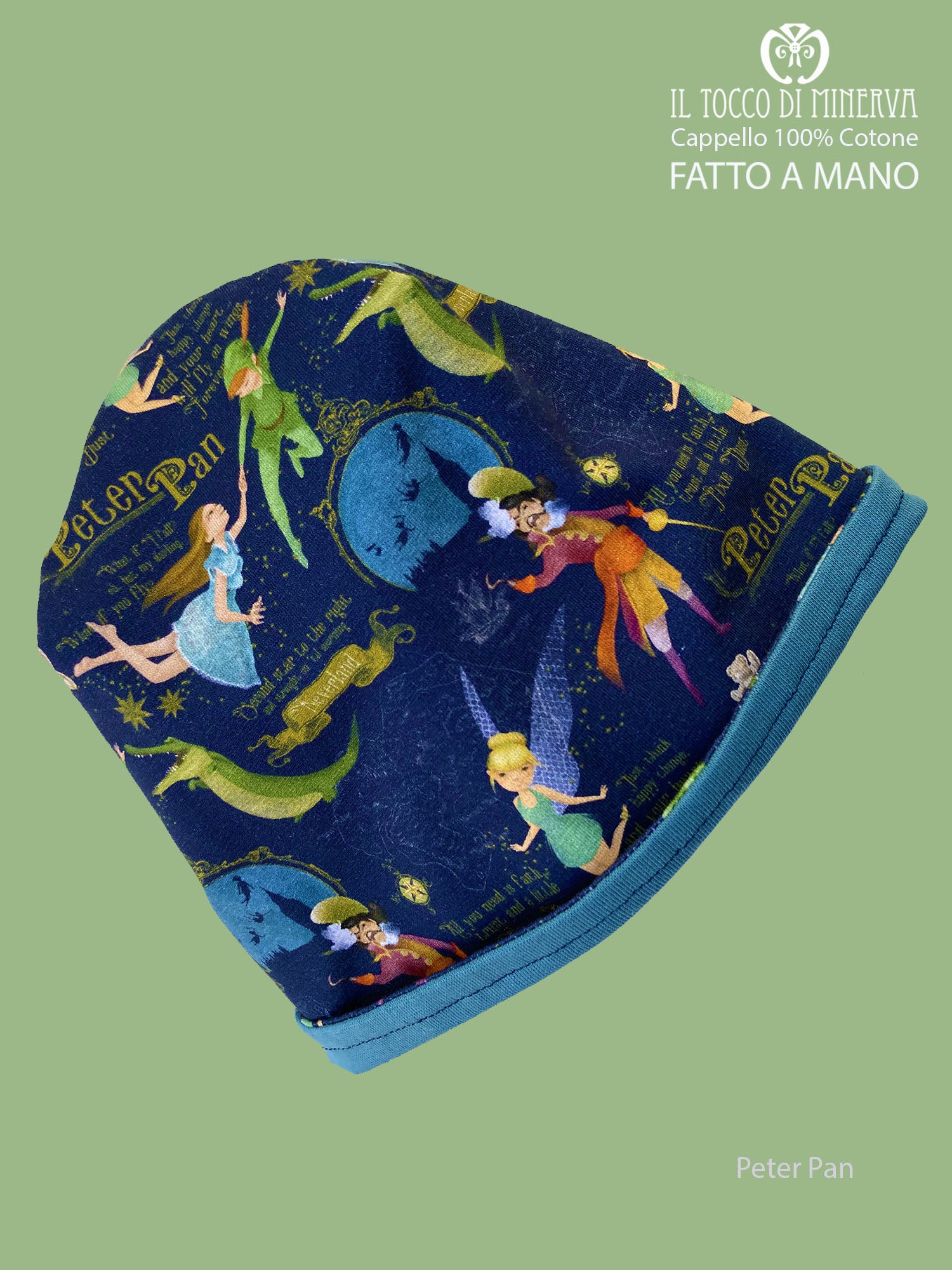 Cappello reversibile unisex 100% cotone Peter Pan blu - Fatto a Mano - Il Tocco di Minerva