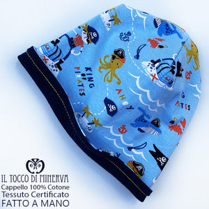 Cappello reversibile bambino100% cotone pirati celeste - Fatto a Mano - Il Tocco di Minerva