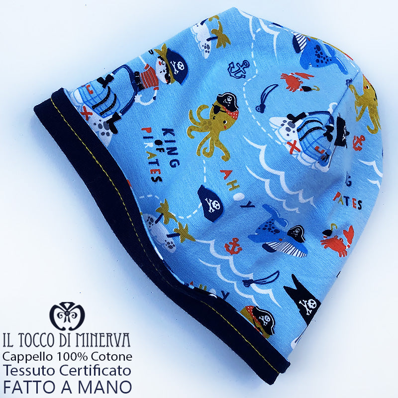 Cappello reversibile bambino100% cotone pirati celeste - Fatto a Mano - Il Tocco di Minerva