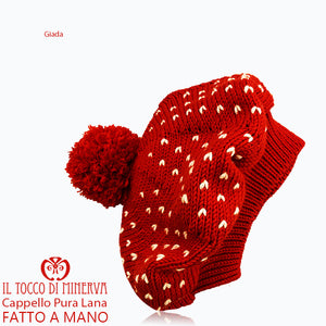 Cappello Basco pura lana Giada pon pon rosso - Fatto a Mano - Il Tocco di Minerva