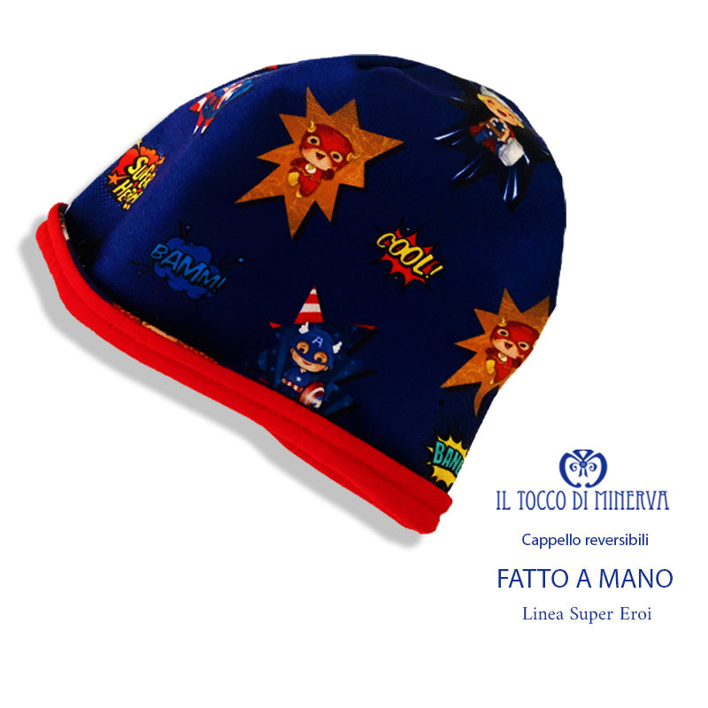 Cappello reversibile felpato bambino fantasia Super Eroi - Fatto a Mano - Il Tocco di Minerva