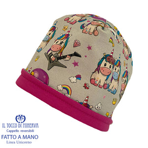 Cappello reversibile bambina100% cotone unicorno - Fatto a Mano - Il Tocco di Minerva