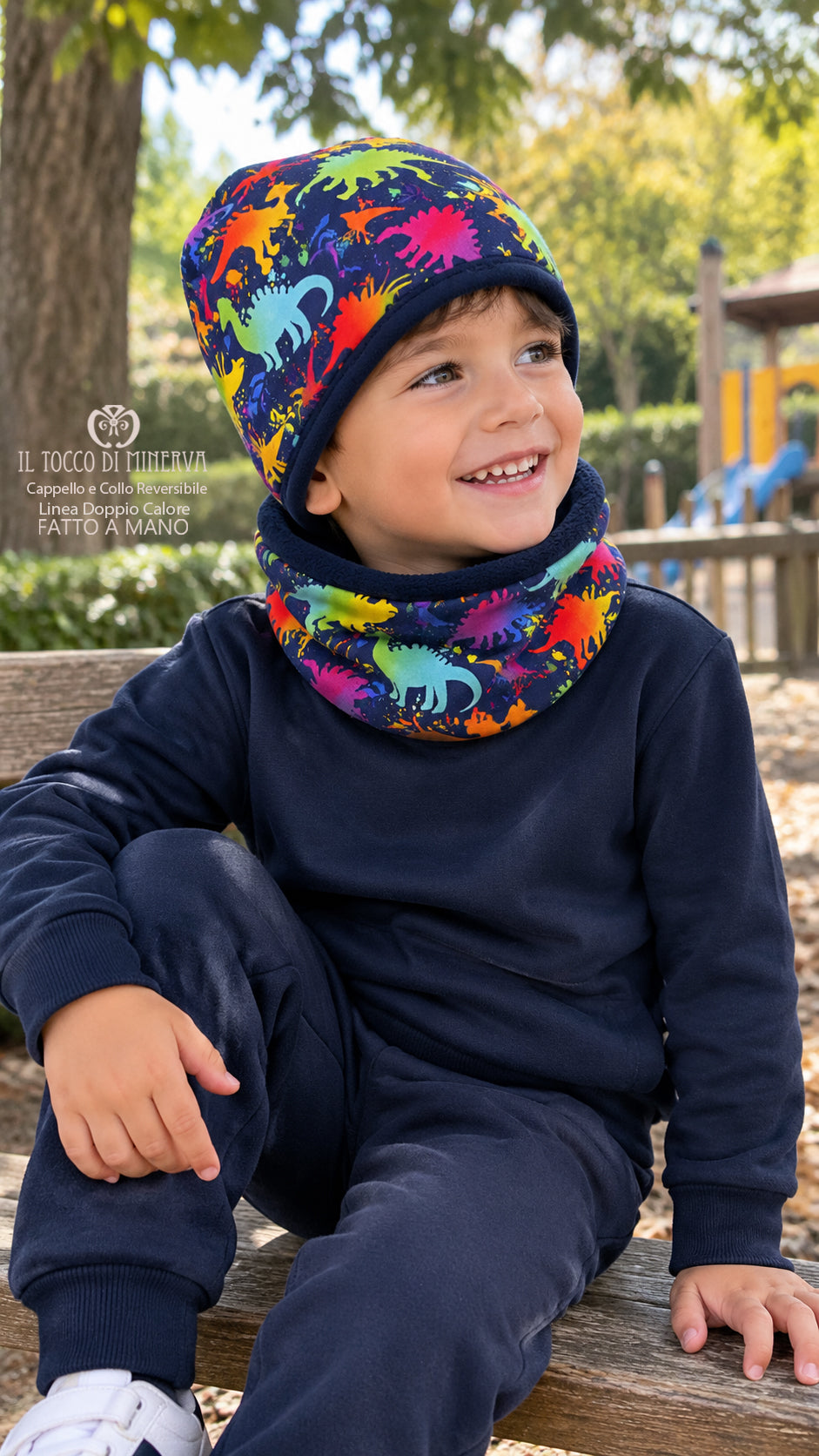 Cappello e collo reversibile felpato dinosauri -Fatto a Mano