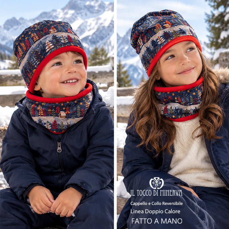 Cappello e collo reversibile felpato montagne innevate - Fatto a Mano