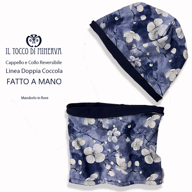 Cappello e collo reversibile mandorlo in fiore -Fatto a Mano