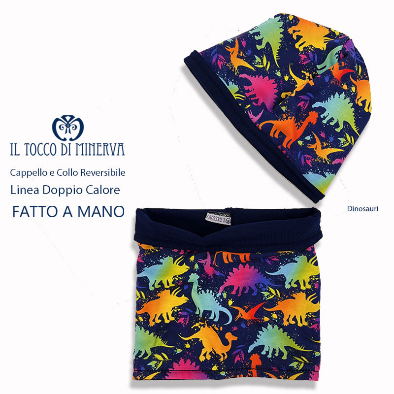 Cappello e collo reversibile felpato dinosauri -Fatto a Mano