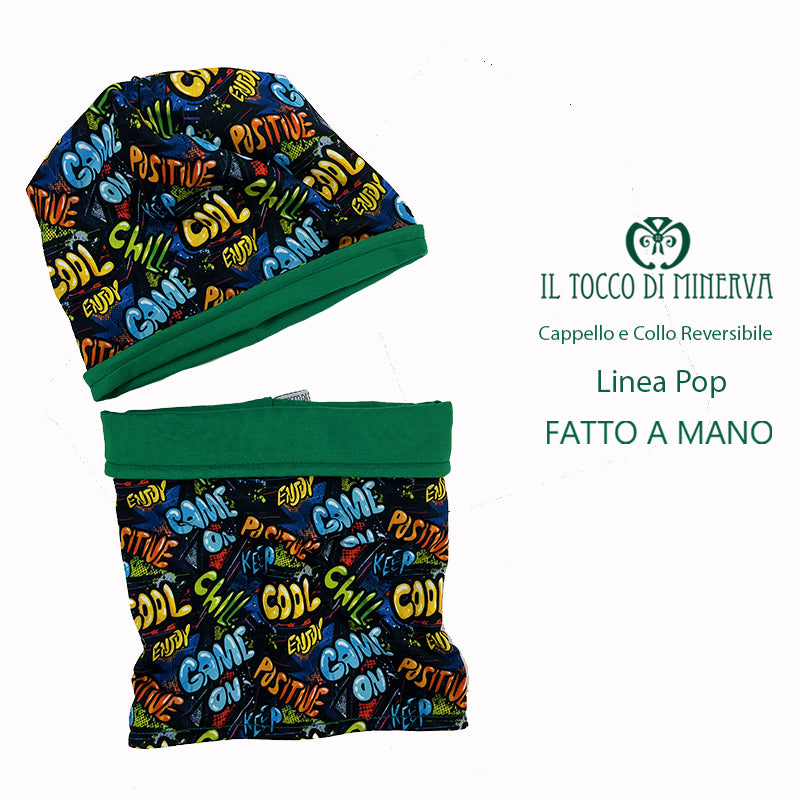 Cappello e collo reversibile felpato fantasia pop blu - Fatto a Mano