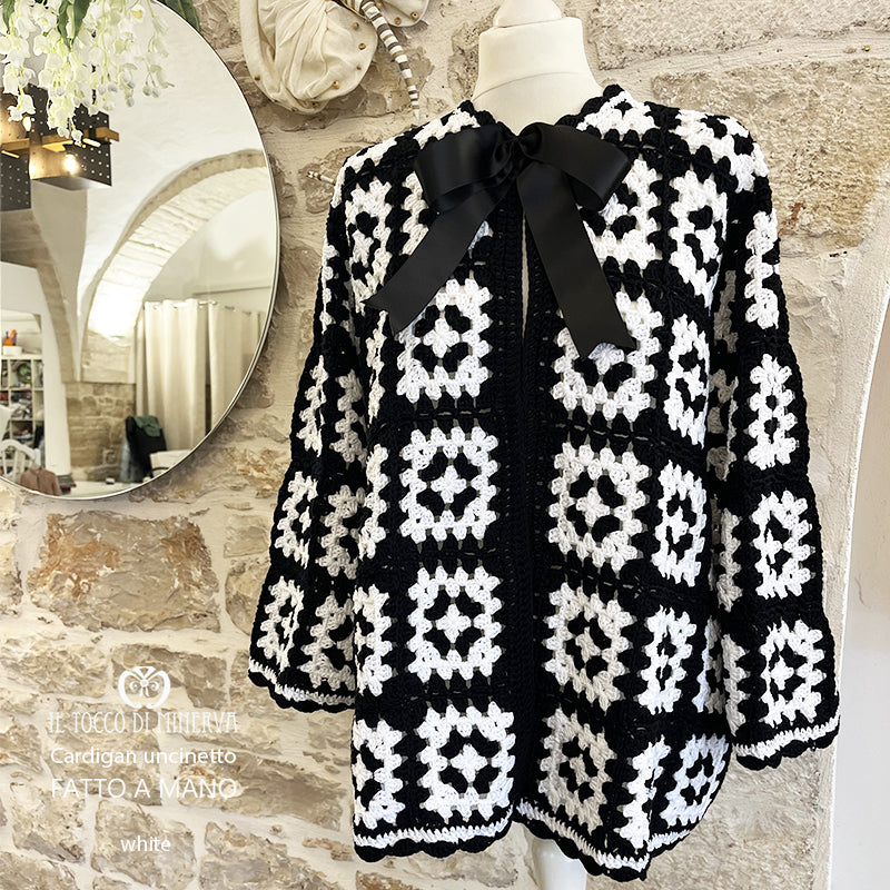 Cardigan Donna cotone White mattonelle uncinetto - Fatto a Mano
