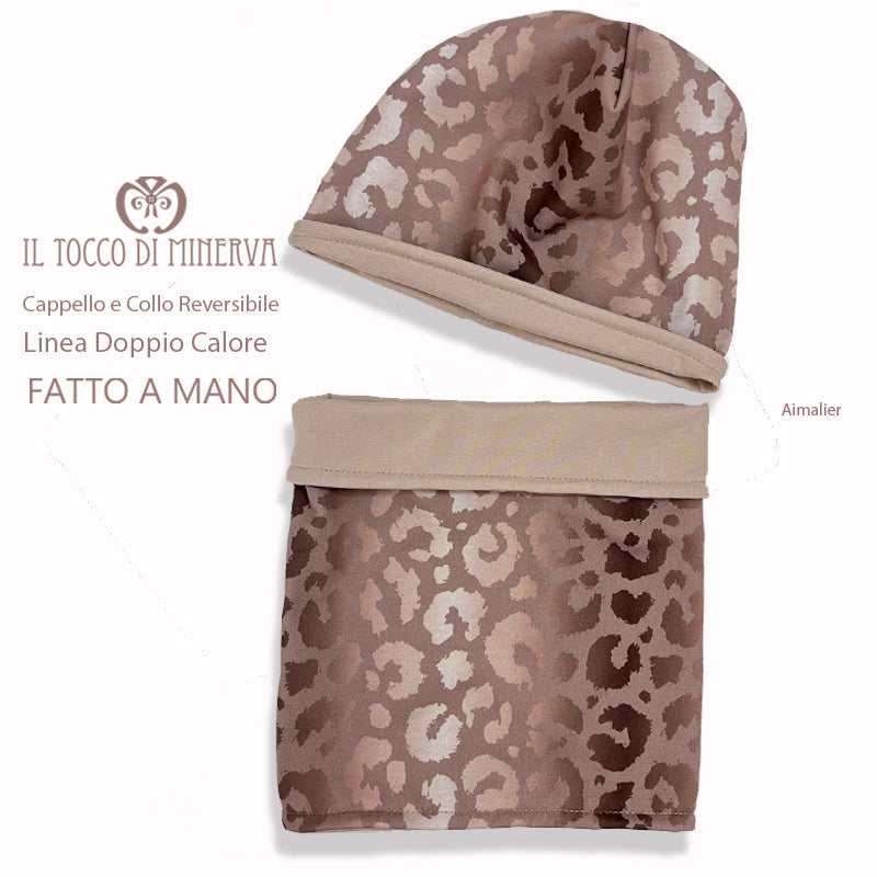 Cappello e collo reversibile felpato fantasia Animalier rosa - Fatto a Mano