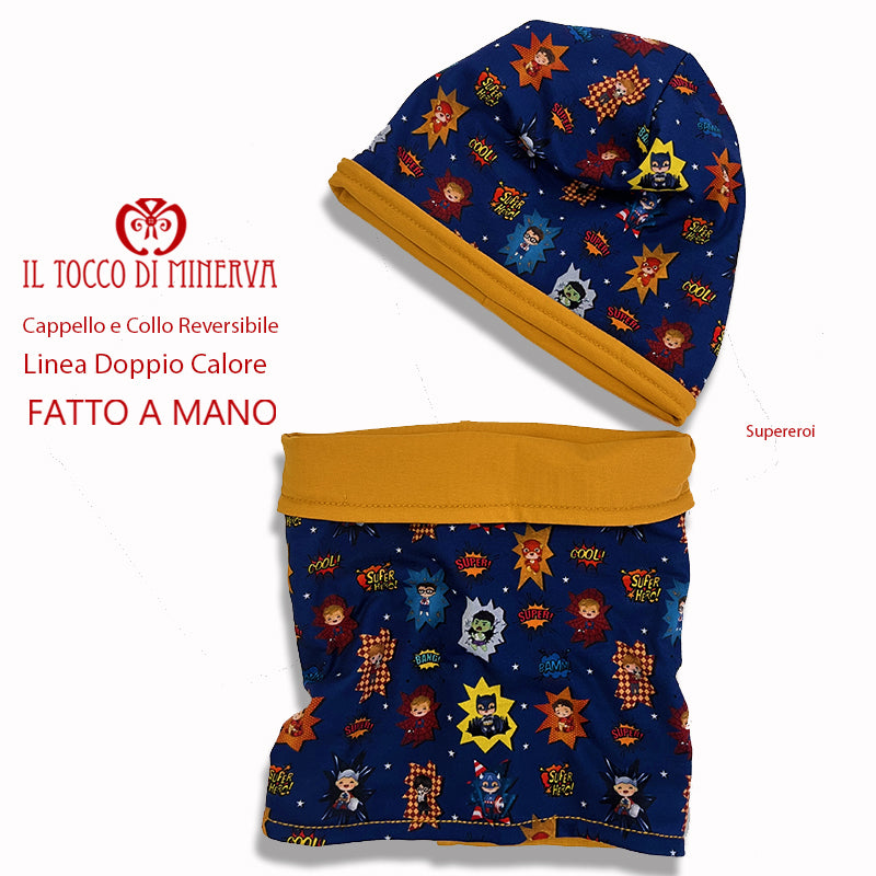 Cappello e collo reversibile felpato Supereroi - Fatto a Mano