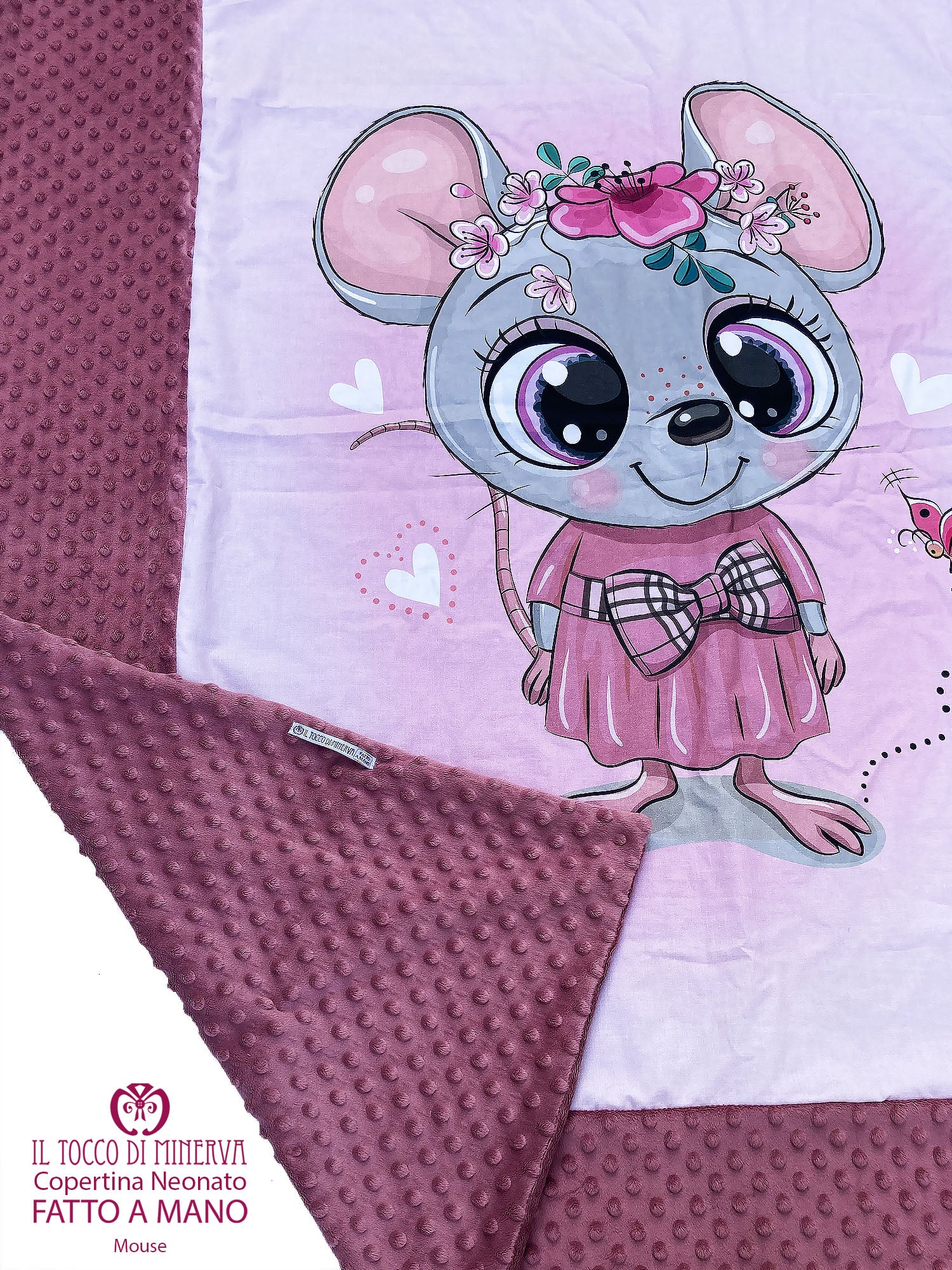 Copertina con bordo Neonato in Pile rosa antico e Cotone Topolina - Fatto a Mano - Il Tocco di Minerva