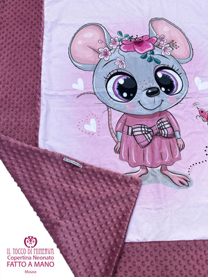 Copertina con bordo Neonato in Pile rosa antico e Cotone Topolina - Fatto a Mano - Il Tocco di Minerva
