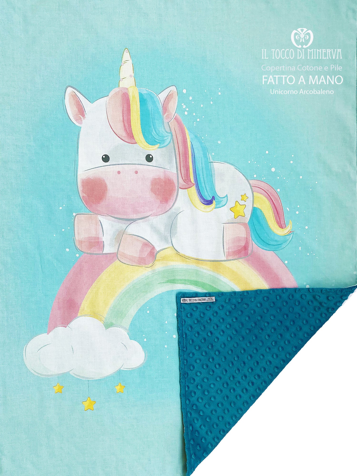 Copertina in Pile pois petrolio e Cotone unicorno arcobaleno - Fatto a Mano - Il Tocco di Minerva