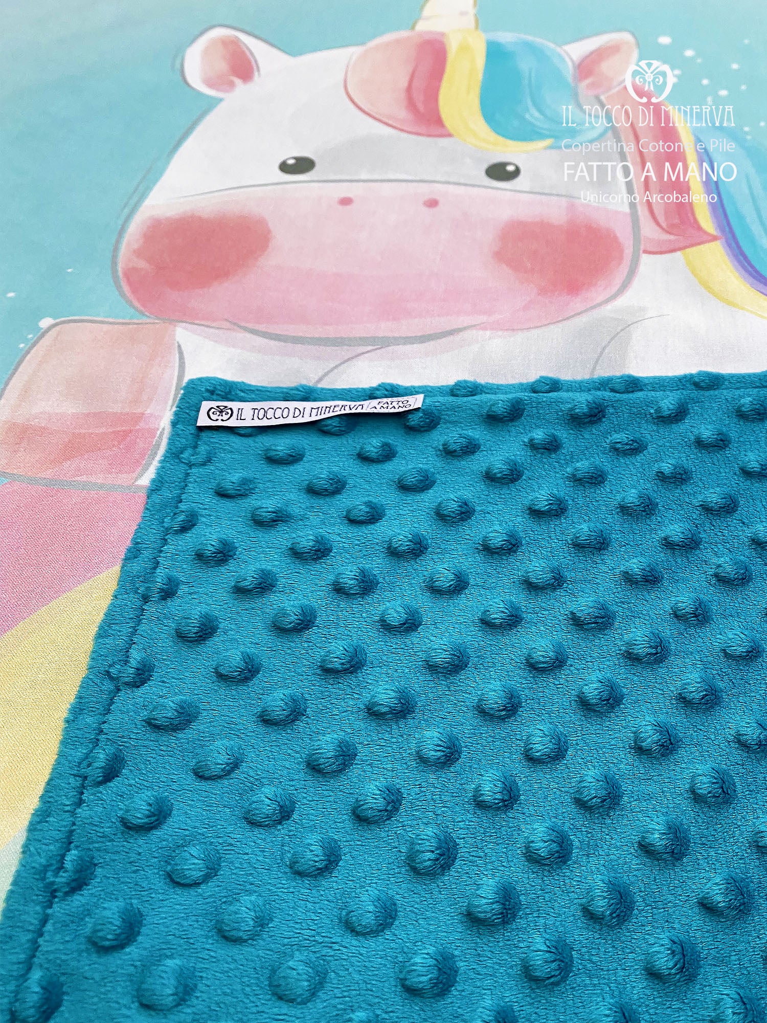 Copertina in Pile pois petrolio e Cotone unicorno arcobaleno - Fatto a Mano - Il Tocco di Minerva