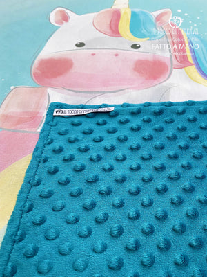 Copertina in Pile pois petrolio e Cotone unicorno arcobaleno - Fatto a Mano - Il Tocco di Minerva