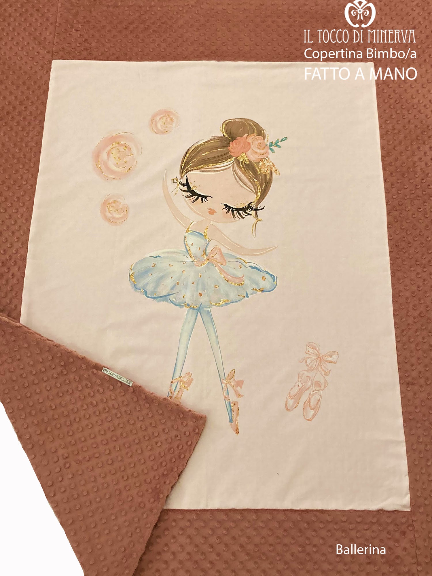 Copertina Neonato con bordo in Pile rosa antico e Cotone Ballerina tutu - Fatto a Mano - Il Tocco di Minerva