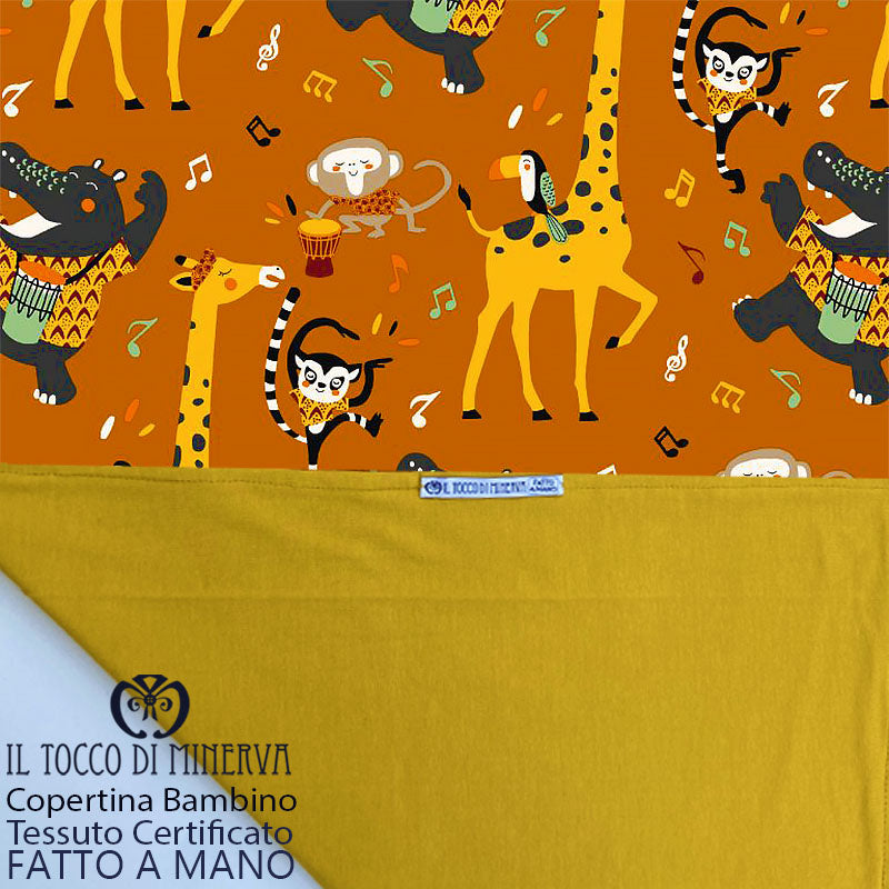 Copertina Neonato in Cotone Certificato Animali Jazz Senape - Fatto a Mano - Il Tocco di Minerva