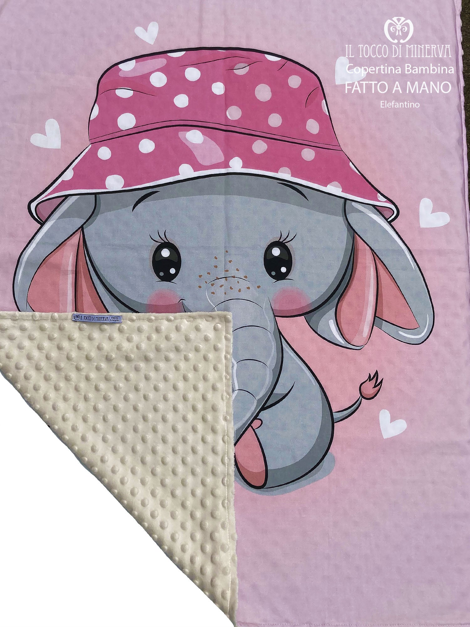 Copertina Bambina in Pile panna e Cotone Elefantino - Fatto a Mano - Il Tocco di Minerva
