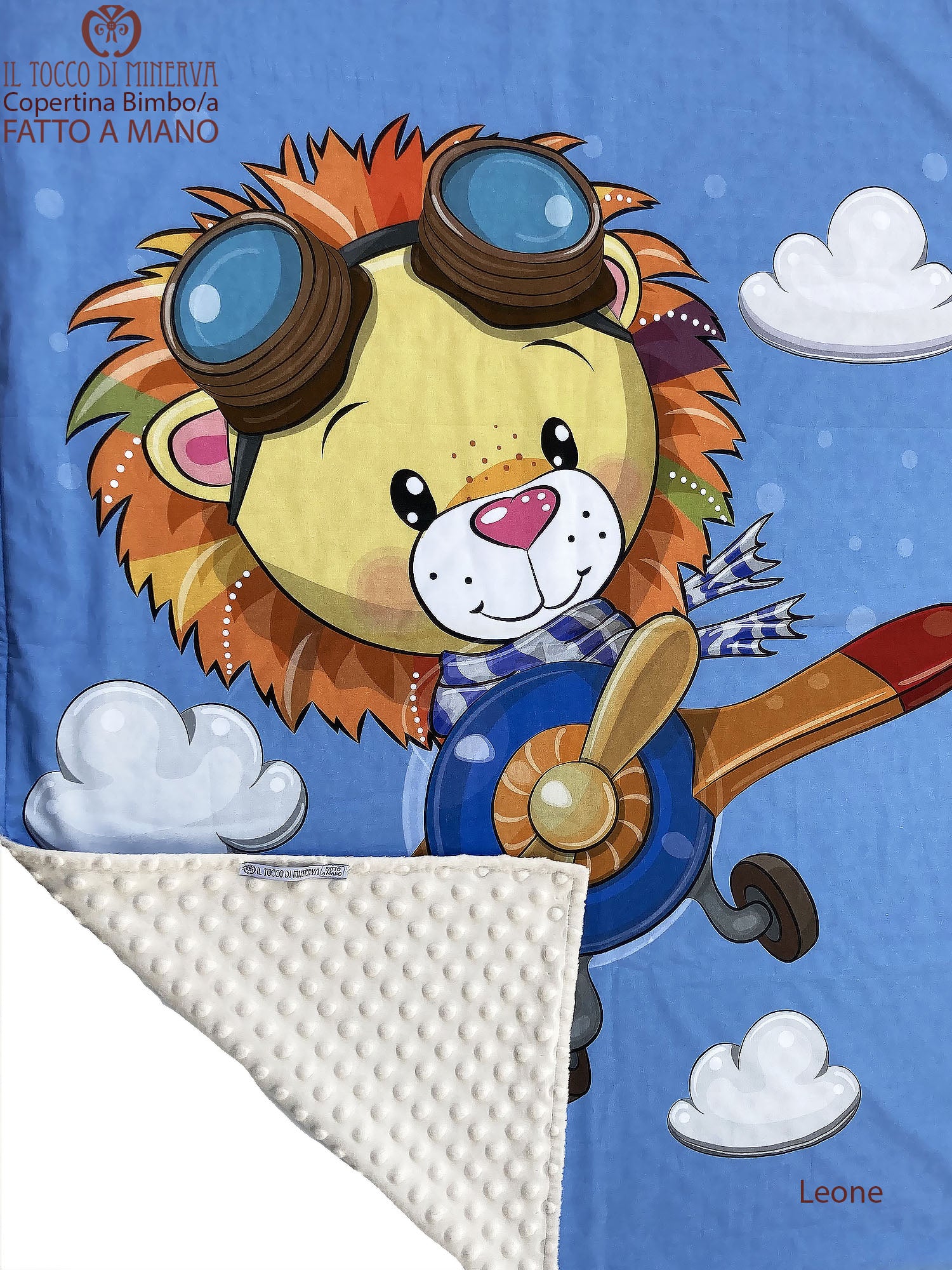 Copertina Bambino in Pile panna e Cotone leone Aviatore - Fatto a Mano - Il Tocco di Minerva