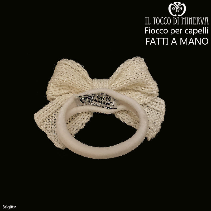 Elastico per capelli fiocco in lana Brigitte Bianco - Fatto a mano - Il Tocco di Minerva