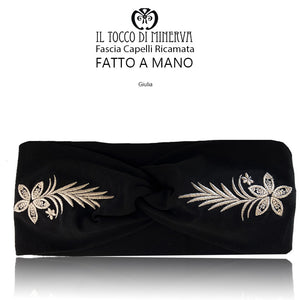 Fascia Capelli in cotone Nera con ricamo in seta - Fatto a Mano - Il Tocco di Minerva