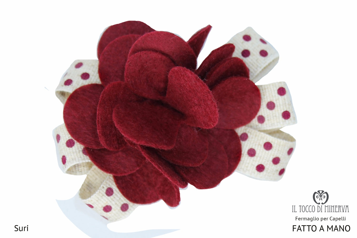 Fermaglio per capelli beige con pois bordeaux Suri realizzato a mano - Handmade - Il Tocco di Minerva